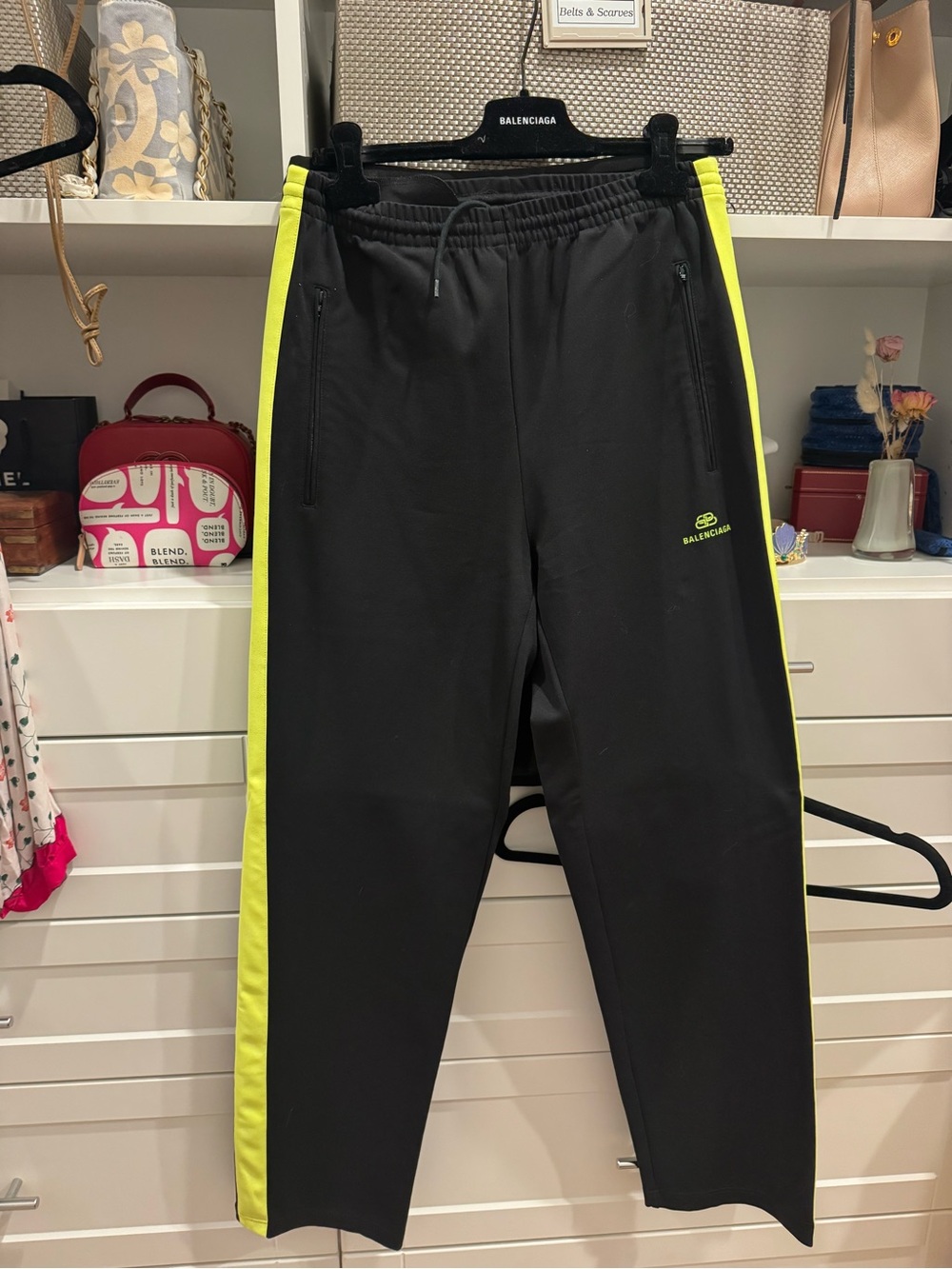 Balenciaga Black Track Pants with Neon Yellow Side Stripes